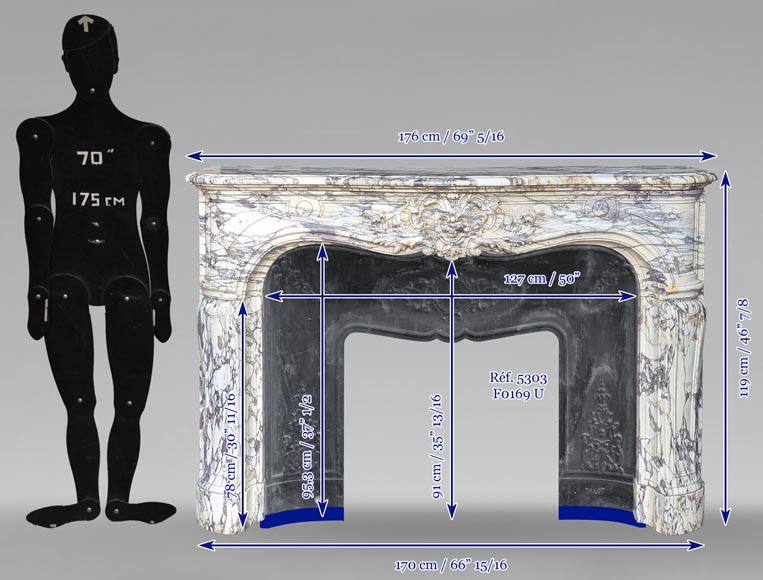 Importante cheminée de style Régence richement sculptée en marbre brèche violette-14