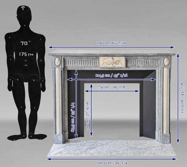 Cheminée de style Louis XVI bicolore à demi colonnes en marbre Turquin et statuaire-14
