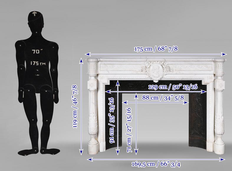 Cheminée en marbre de style Louis XVI à colonnes et médaillon au profil féminin-17