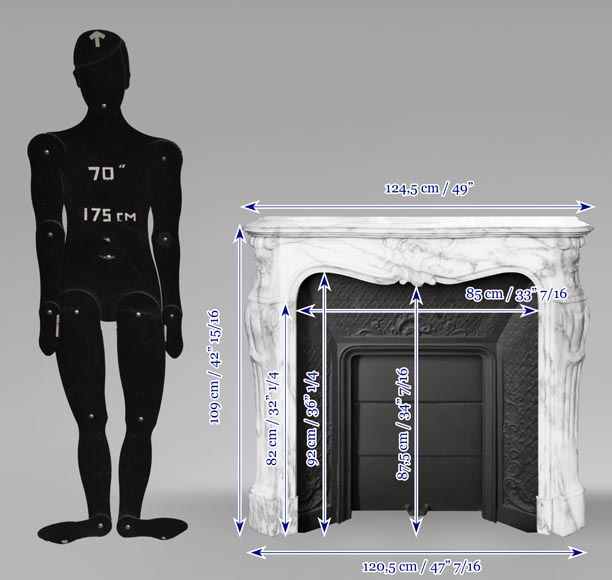Cheminée de style Louis XV à la jolie palmette asymétrique, en marbre Arabescato-10