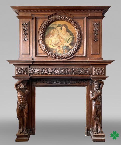 Grande cheminée monumentale en noyer sculpté, décorée d’atlantes et d’un médaillon peint-0