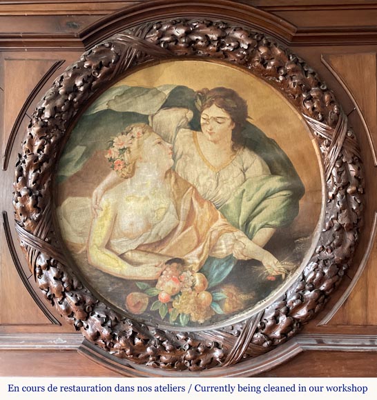 Grande cheminée monumentale en noyer sculpté, décorée d’atlantes et d’un médaillon peint-1