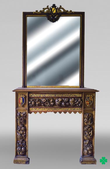 Cheminée d’applique avec trumeau, bois sculpté et doré, éléments du XVIIIᵉ et XIXᵉ siècles-0