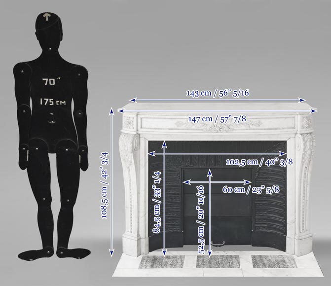 Cheminée galbée de style Louis XVI à décor de perlé, en marbre demi statuaire-14