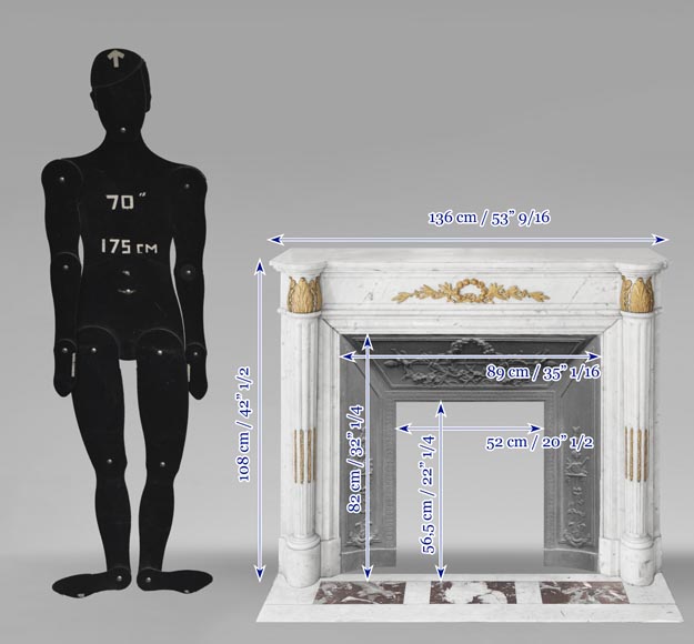 Cheminée de style Louis XVI à demi colonnes et décors de bronze, en marbre de Carrare-13