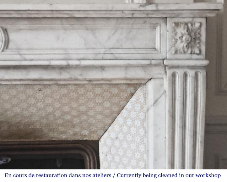 Cheminée de style Louis XVI en marbre demi statuaire, décorée d'une fleur de tournesol-6