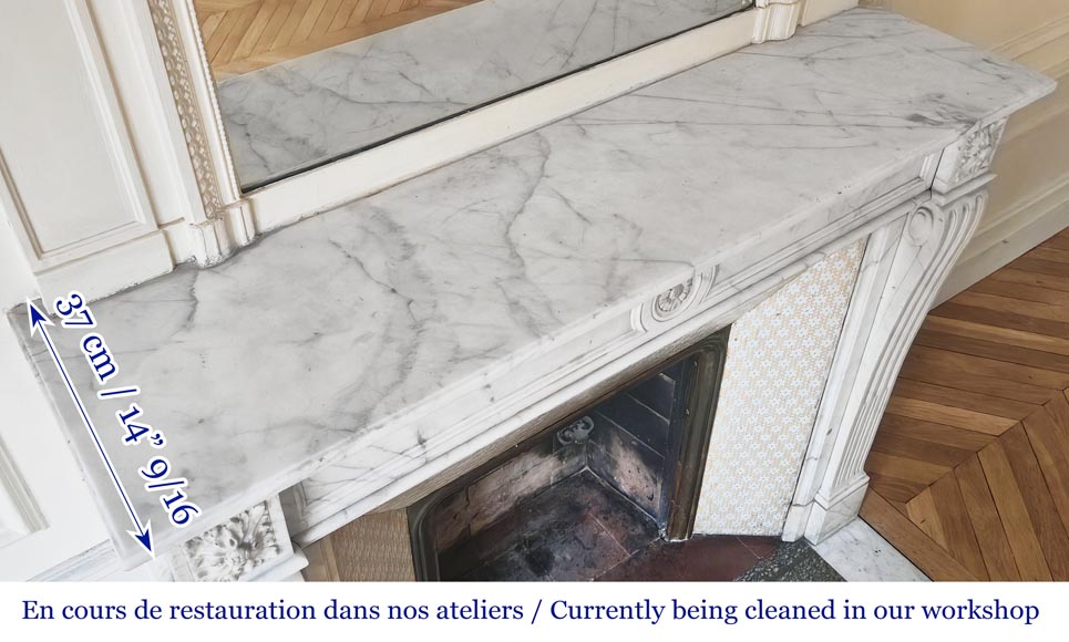 Cheminée de style Louis XVI en marbre demi statuaire, décorée d'une fleur de tournesol-9