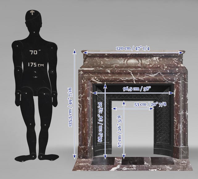 Cheminée de style Louis XIV à acrotère, en marbre Rouge du Nord-10