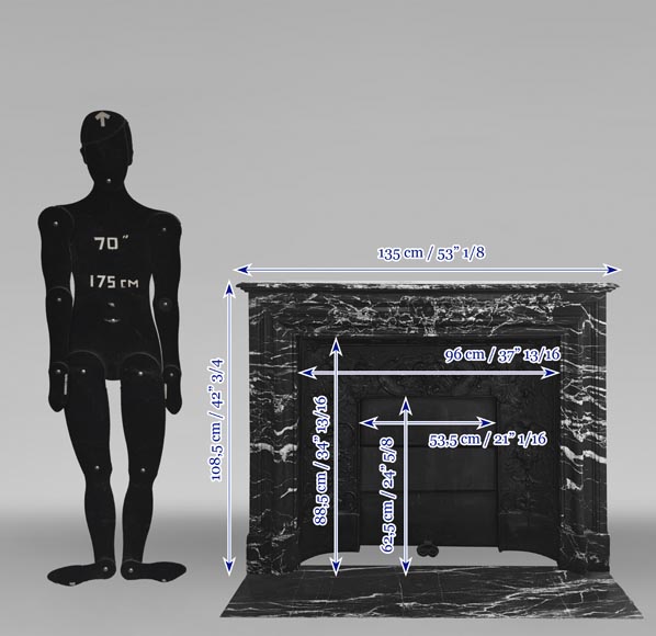 Cheminée de style Louis XIV en marbre noir Marquina très veiné-12