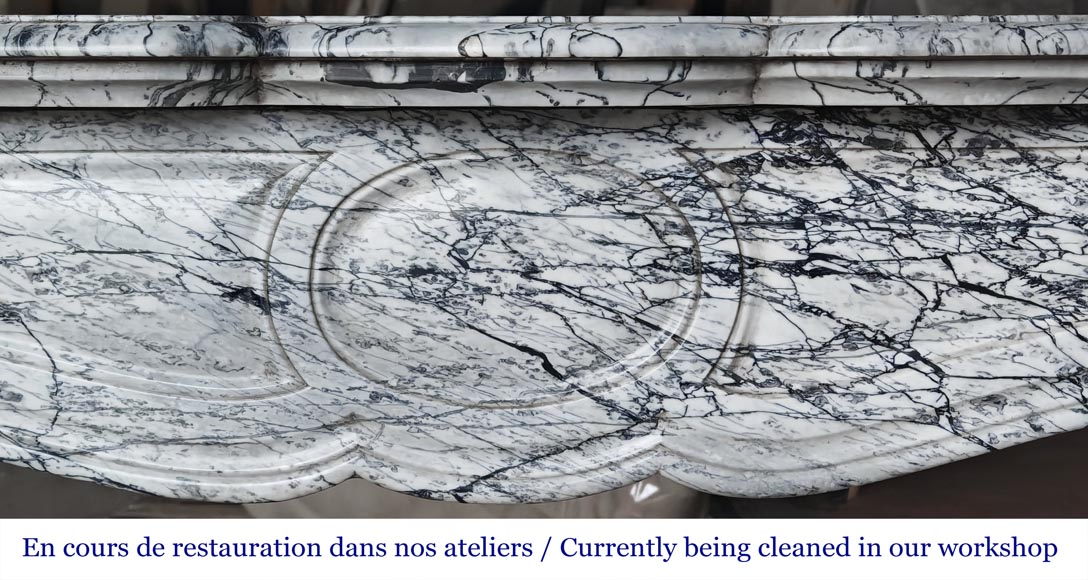 Cheminée de style Louis XV modèle Pompadour en marbre bleu fleuri-1