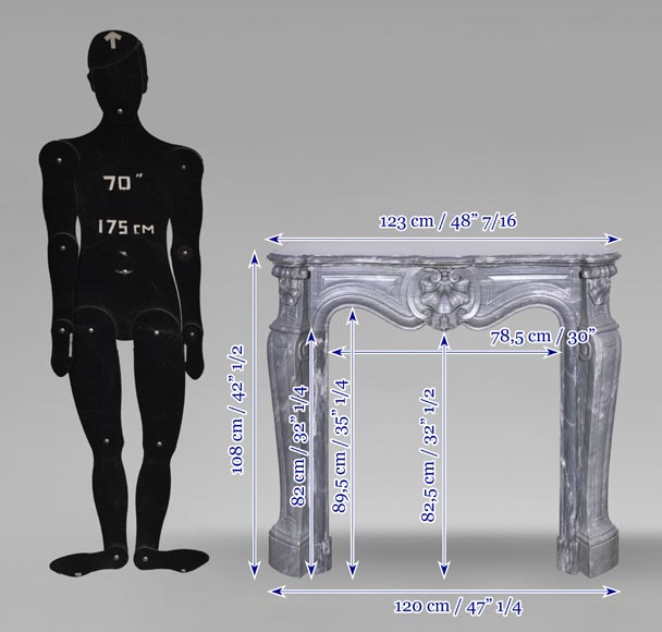 Petite cheminée de style Louis XV décorée d'une coquille, en marbre bleu Turquin-12