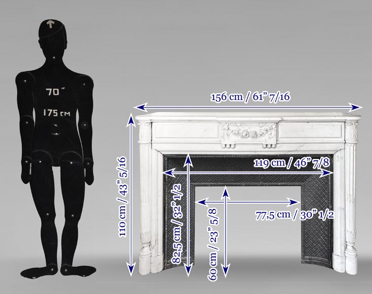 Cheminée de style Louis XVI à demi colonne et guirlande de fleur, en marbre demi statuaire-9