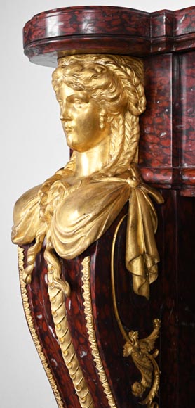 Cheminée de style Louis XVI en marbre rouge griotte et au décor de bronzes dorés-5