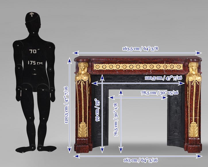 Cheminée de style Louis XVI en marbre rouge griotte et au décor de bronzes dorés-14