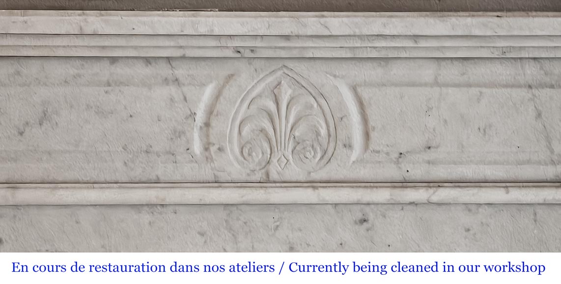 Cheminée de style Louis XVI en marbre de Carrare, décorée d'une palmette-1