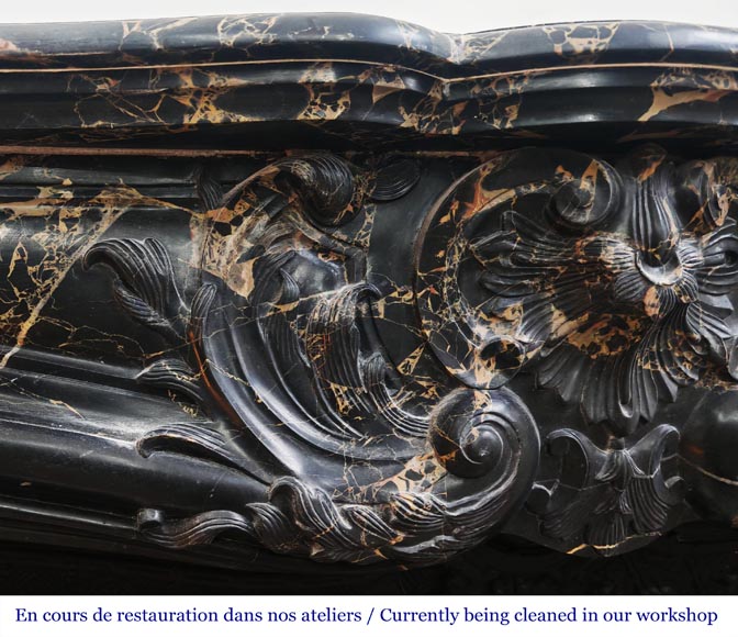 Cheminée de style Louis XV en marbre Portor, richement sculptée-3