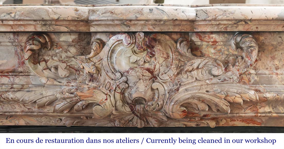 Cheminée de style Régence, en marbre Sarrancolin richement sculptée-1