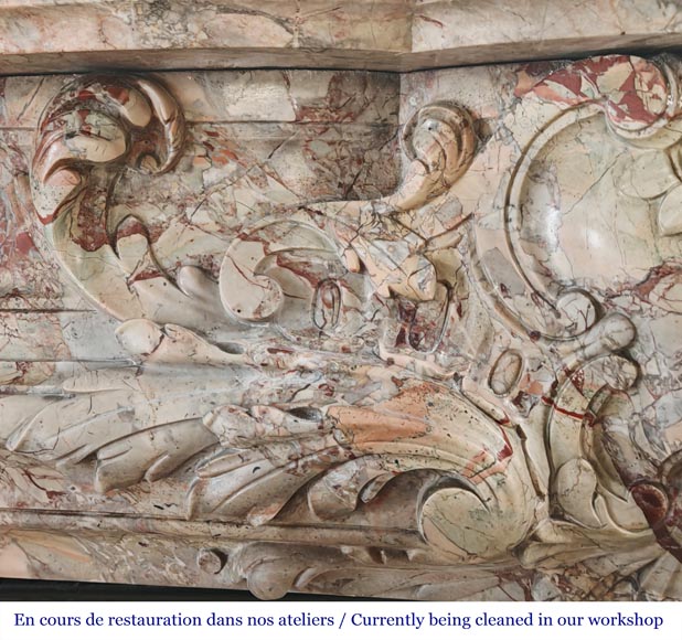 Cheminée de style Régence, en marbre Sarrancolin richement sculptée-3