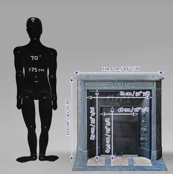 Cheminée de style Louis XVI aux coins arrondis, en marbre bleu turquin-12