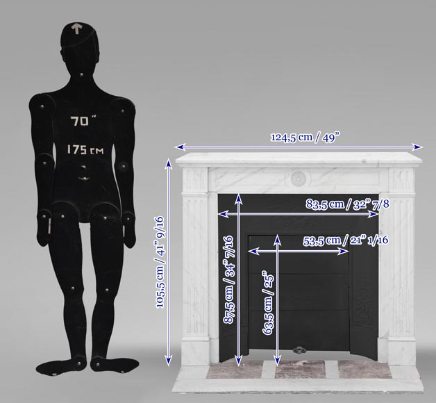 Cheminée de style Louis XVI en marbre demi statuaire, décorée d'une fleur de tournesol-11