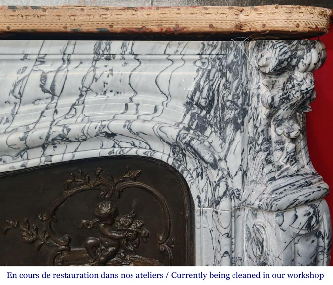 Cheminée de style Louis XV décorée d'une coquille, en marbre bleu fleuri-7