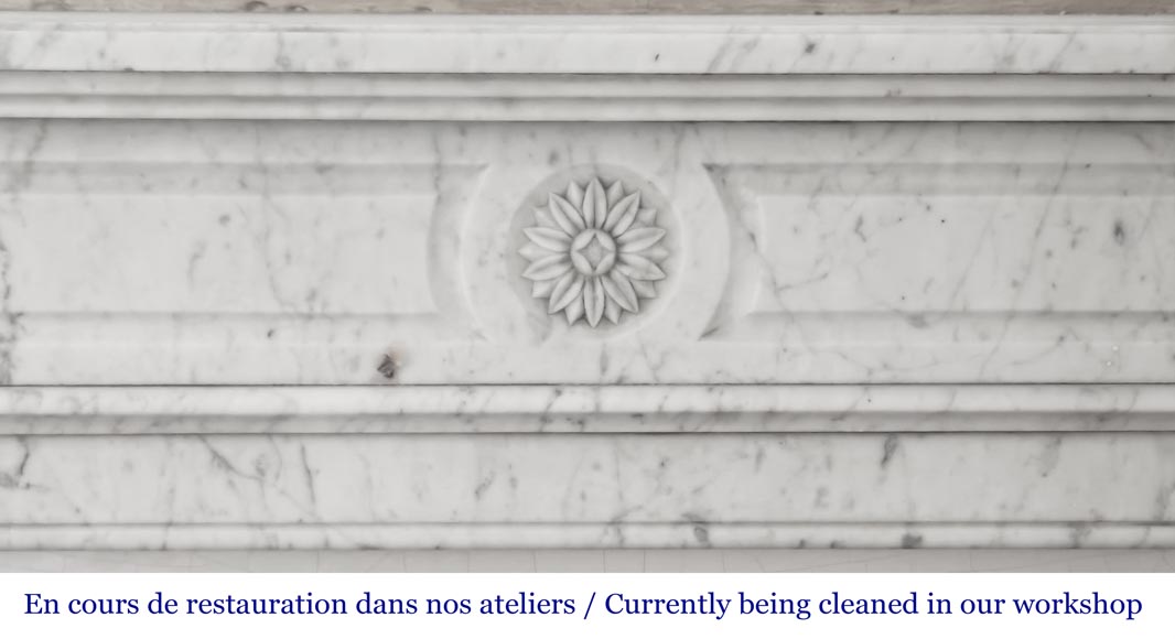 Cheminée de style Louis XVI en marbre de Carrare, décorée d'une fleur de tournesol-1
