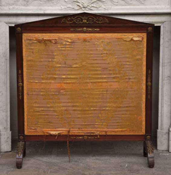 Grand Pare-feu Ancien En Bois Sculpté Et Broderie Florale - Vintage Angleterre